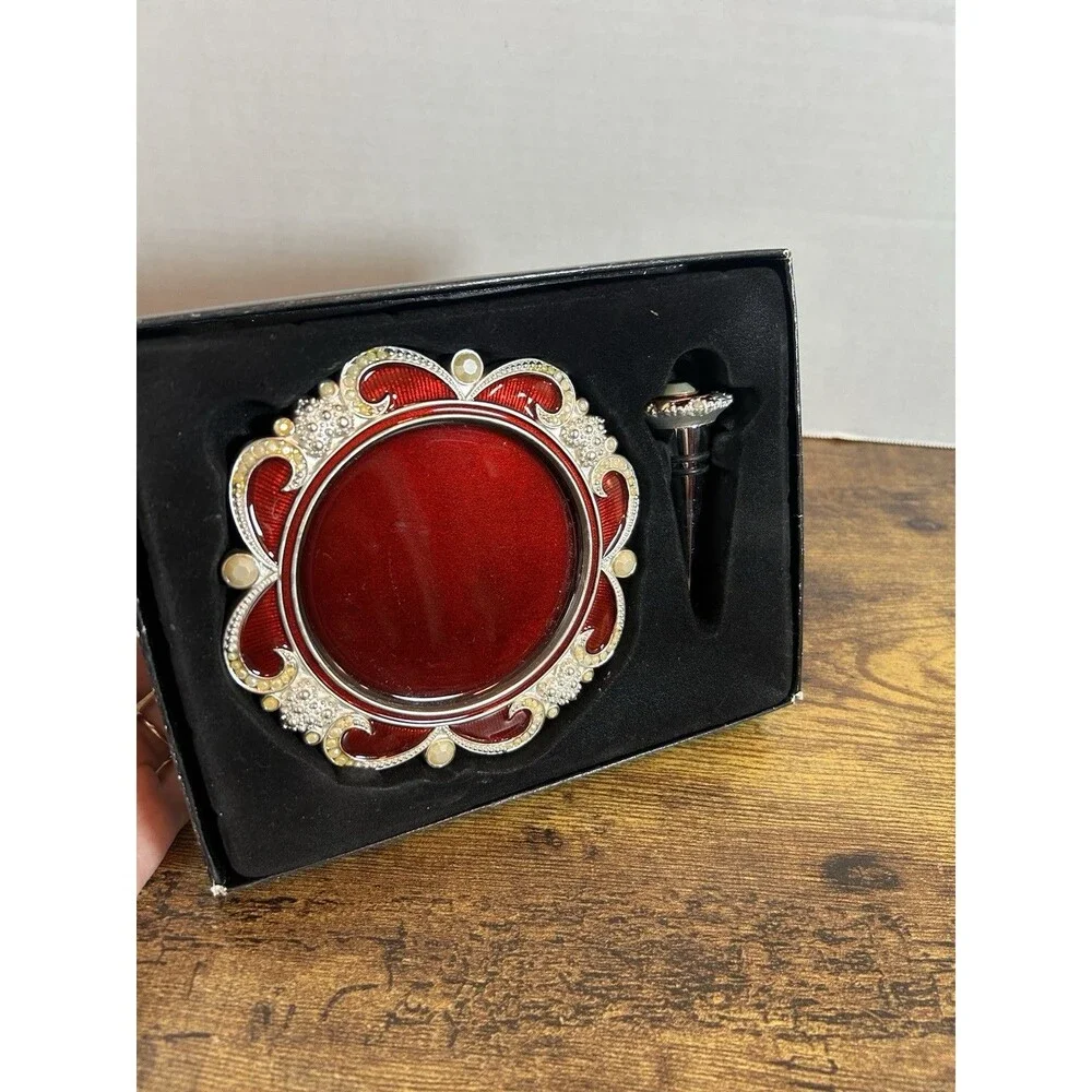 Bombay Scarlett Wine Coaster & Bottle Stopper Set Red Enamel Silver Tone Gift